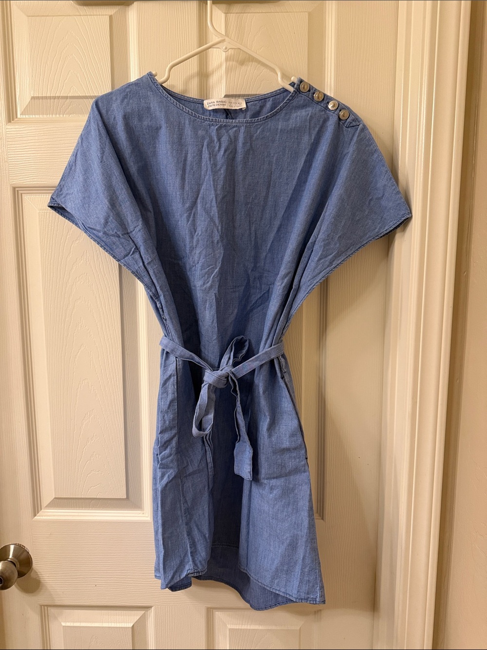 Zara | Light Blue Button-Shoulder Tie-Waist Denim Dress